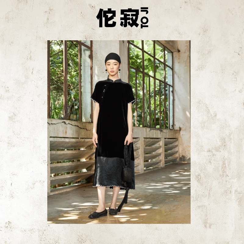 TOJI佗寂时尚秋季新款日常休闲丝绒拼接长款连衣裙AWO3L417