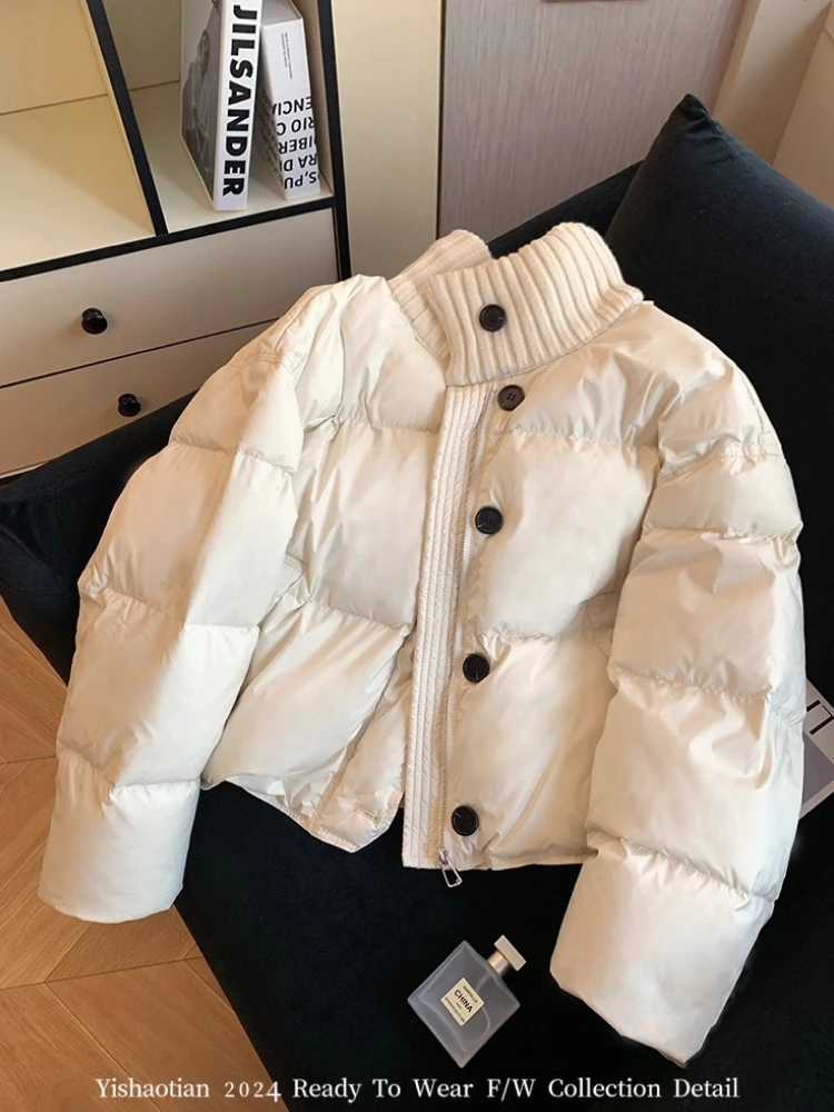法式加厚针织立领短款羽绒服女2025冬季新款保暖百搭白鸭绒外套