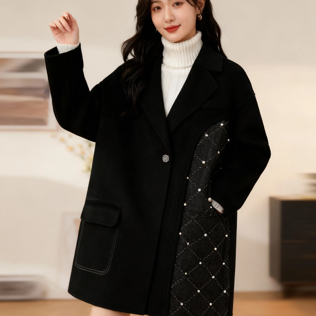B036 2025秋冬新款时尚气质通勤高定钉珠设计师百搭双面羊毛大衣