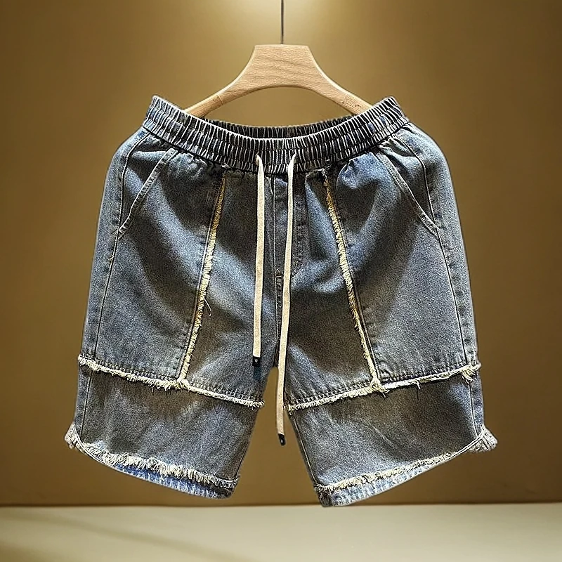 毛边拼接牛仔短裤男夏季潮牌痞帅宽松五分裤美式高街复古休闲中裤