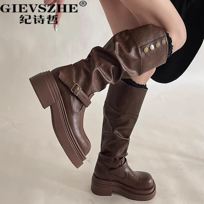 纪诗哲西部牛仔长筒靴女秋冬新款厚底堆堆鞋女款复古百搭骑士靴