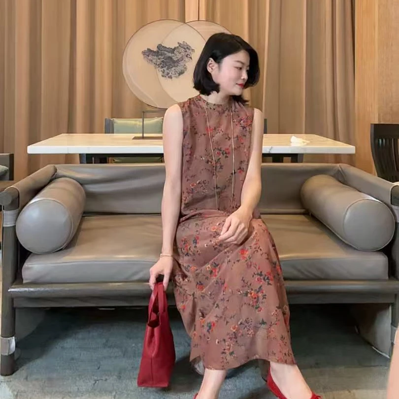 TANTAN  真丝气质印花无袖连衣裙1362