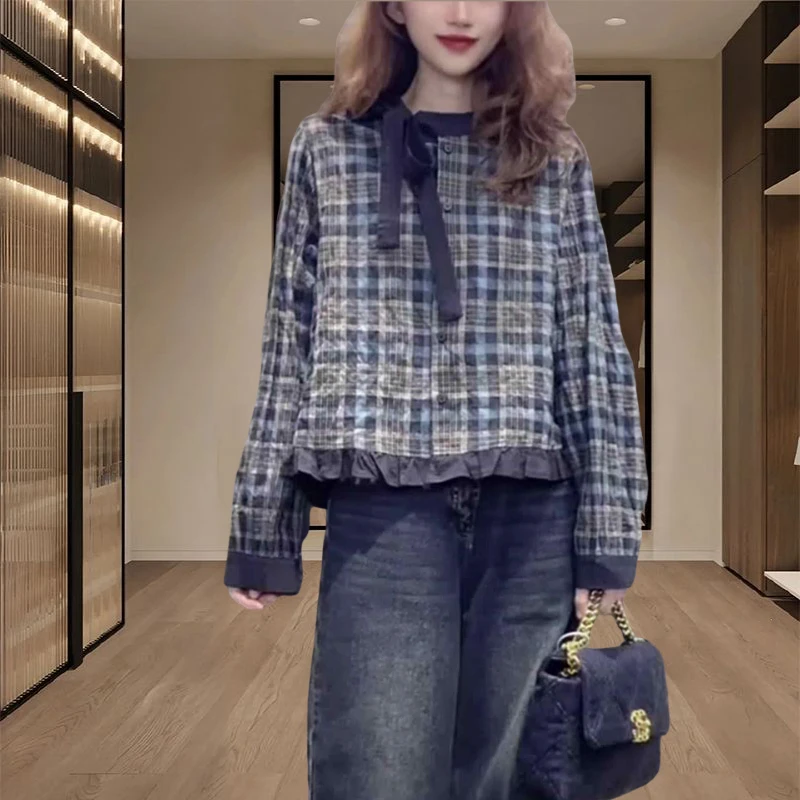 衬衫女高级感轻奢减龄洋气2025春秋季新款复古格纹休闲长袖上衣潮