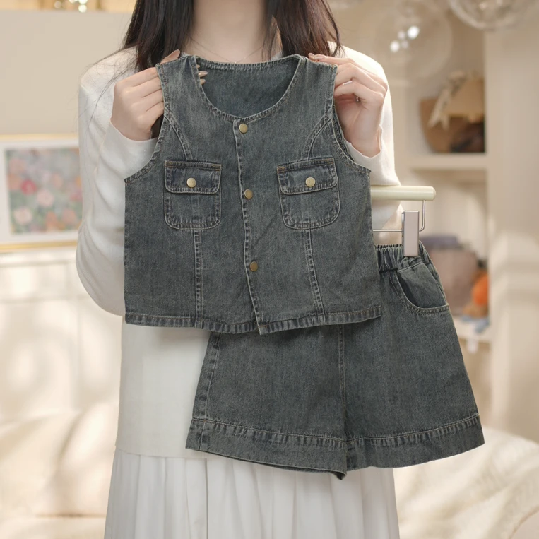 2025夏季新款牛仔套装中大童潮流时尚牛仔背心＋牛仔短裤两件套