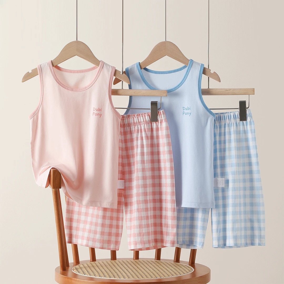 有凉感100%纯棉儿童背心睡衣套装夏季薄款男童女童无袖家居服短裤