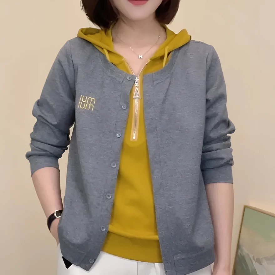 春季新款撞色拼接时尚假两件宽松显瘦百搭上衣连帽开衫卫衣长袖顺