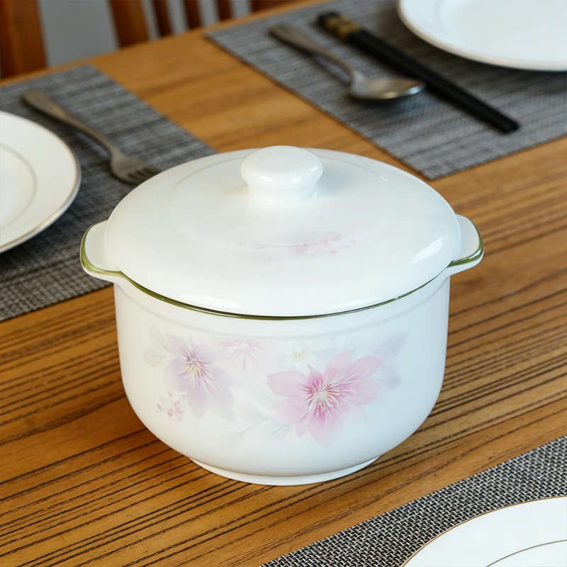 【百善瓷业】粉彩铁线莲双耳炖盅