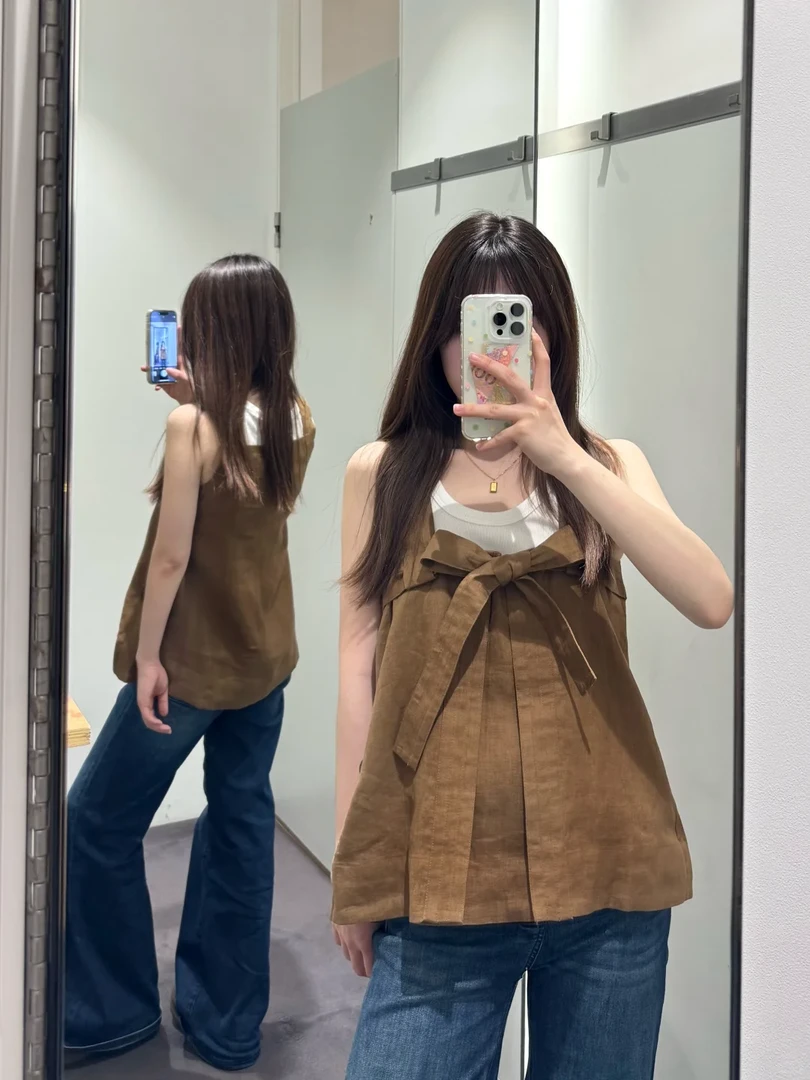 设计感小众后背蝴蝶结吊带无袖上衣白色背心叠穿高腰牛仔裤三件套