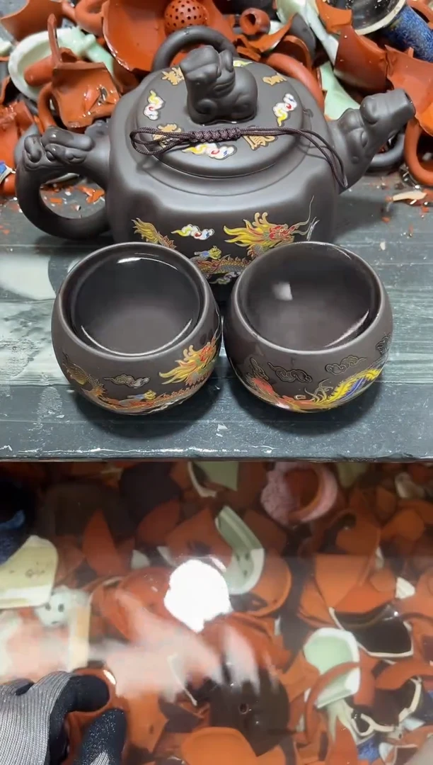 紫砂壶大容量四方龙凤呈祥变色壶一壶两杯