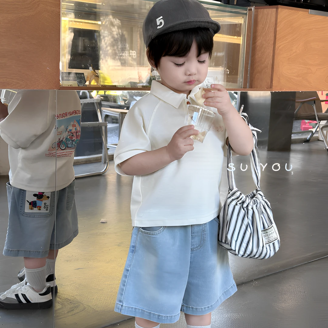 苏右童装25夏季新款男童小童后背卡通印花polo衫短袖T恤牛仔短裤