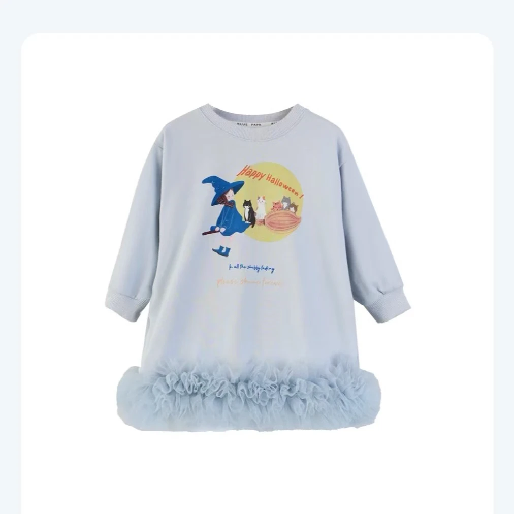 蓝爸家女童连衣裙卡通印花网纱拼接裙