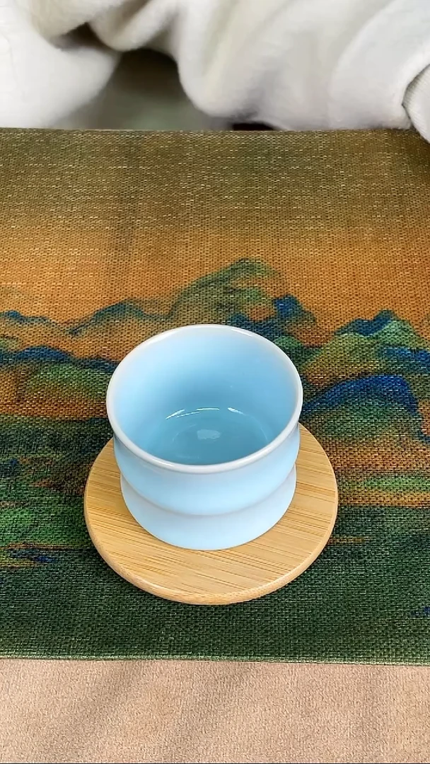 杯子瓷韩红 天青釉 竹节杯