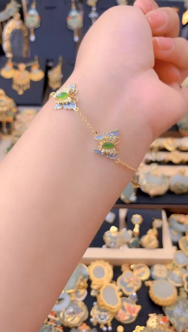 【闪购商品】和田玉手链银S925镀金镶嵌蝴蝶手链