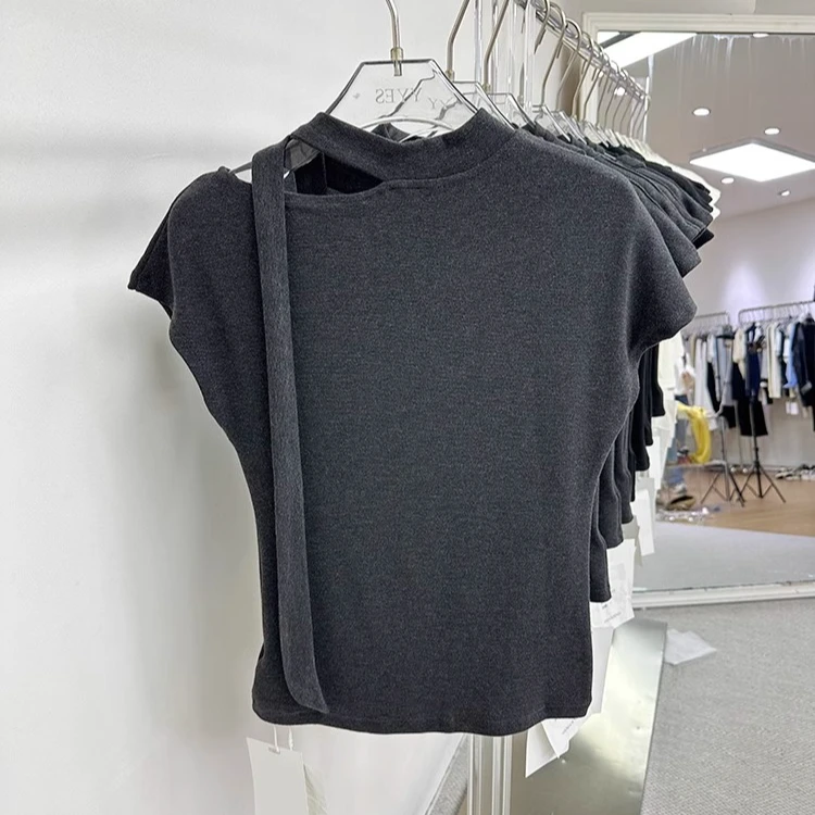 MISU/糜素2025年带弹力T恤衫针织短袖女2025春季纯色新款显瘦上衣