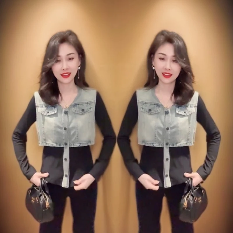 网红同款时尚衬衫女2025秋季新款撞色牛仔拼接单排扣假两件小衫