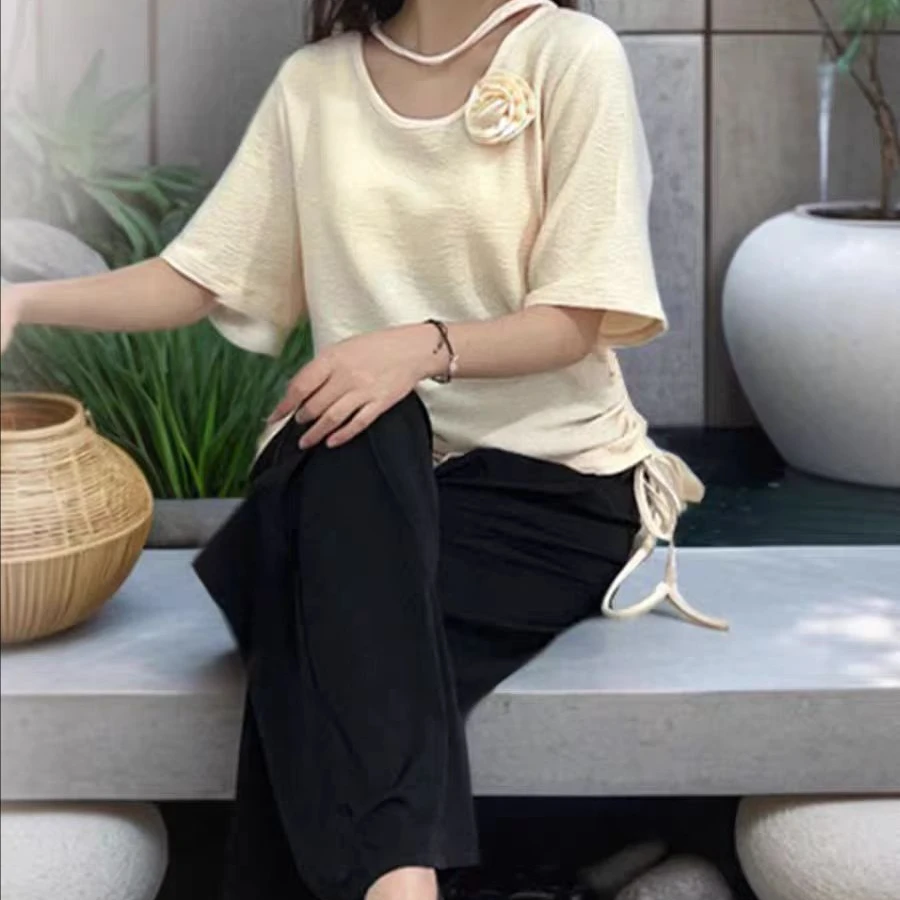 大码女装300斤胖MM显瘦设计感抽绳T恤垂感阔腿裤套装66336