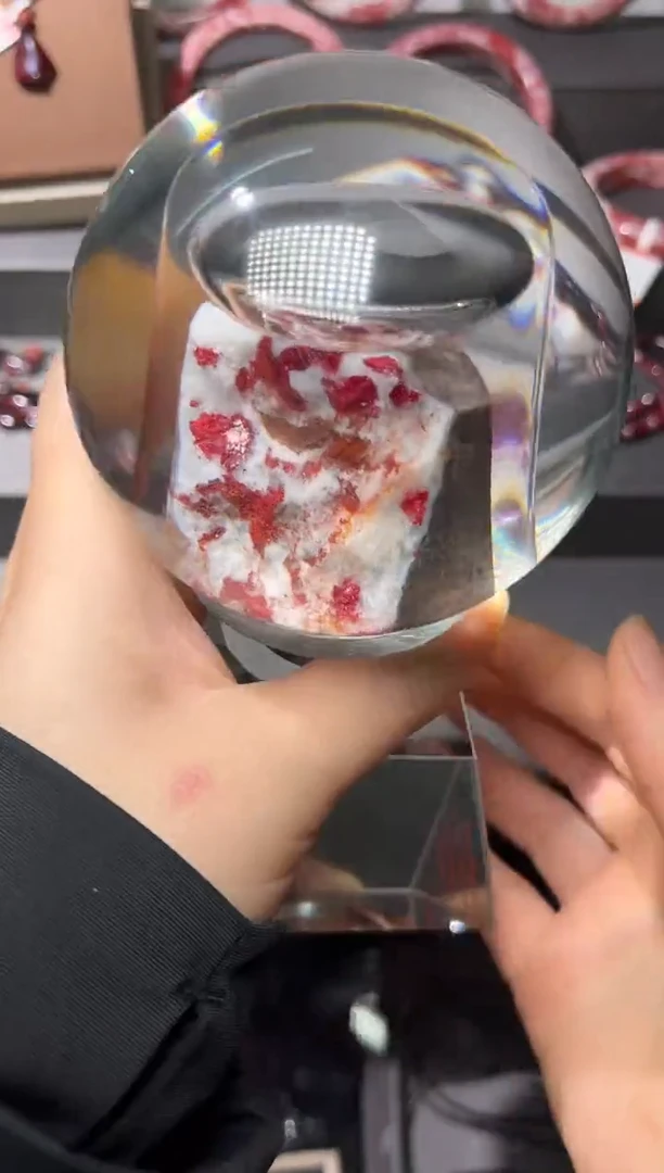 天然辰砂朱砂晶体随型毛料水晶球摆件120810