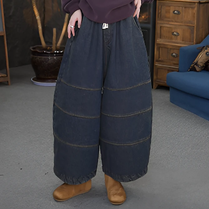 【拼接加绒裤子】口袋冬季中腰欧美风休闲裤牛仔裤加厚百搭阔腿裤