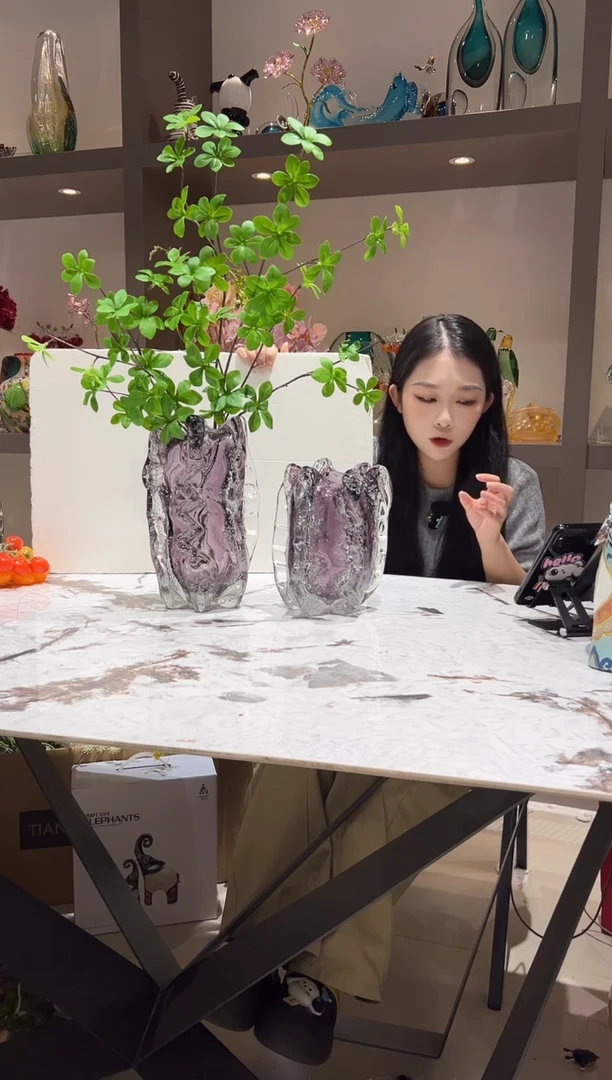 烟紫色气泡琉璃花瓶一对