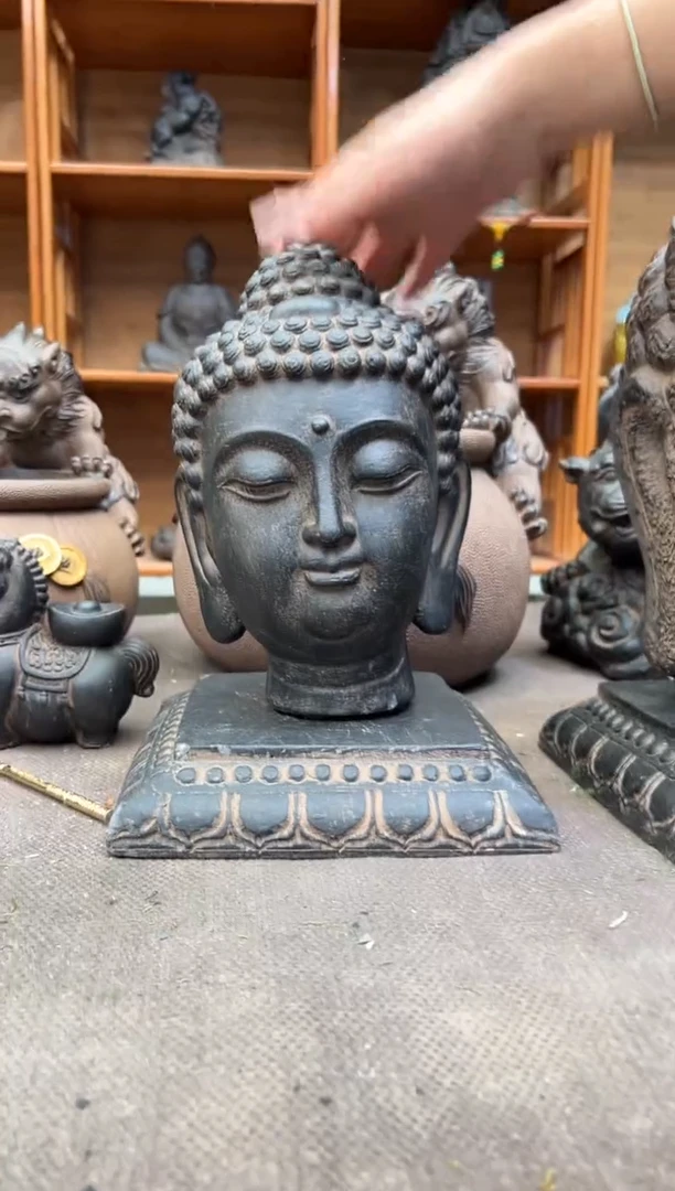 陶土小佛首+莲花底座