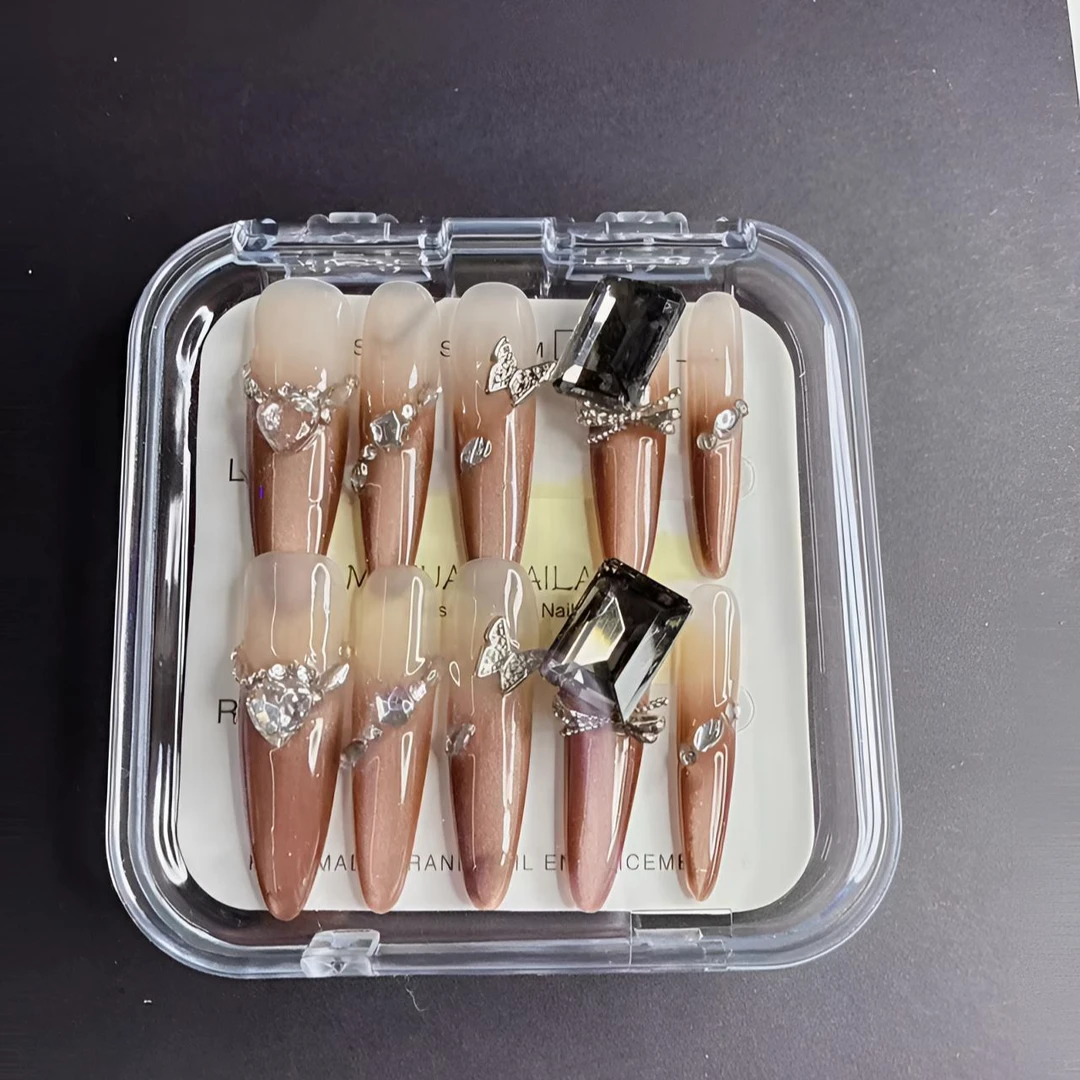 爆闪法式猫眼腮红美甲纯手工穿戴甲片长款冰透渐变甜酷美甲贴成品