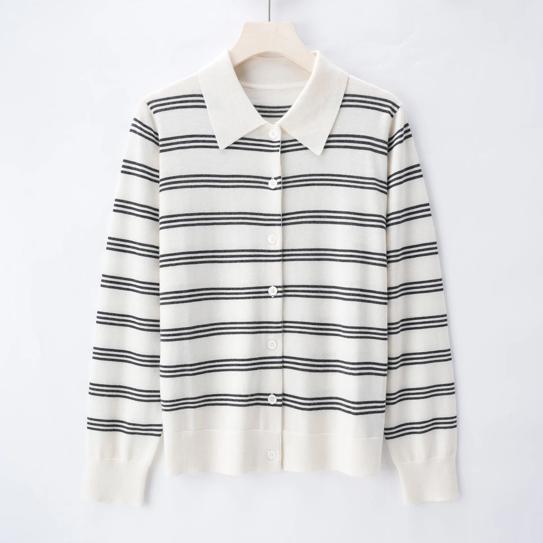 【MIU系~高奢】超精纺68/3 100%山羊绒翻领条纹针织衫  25140