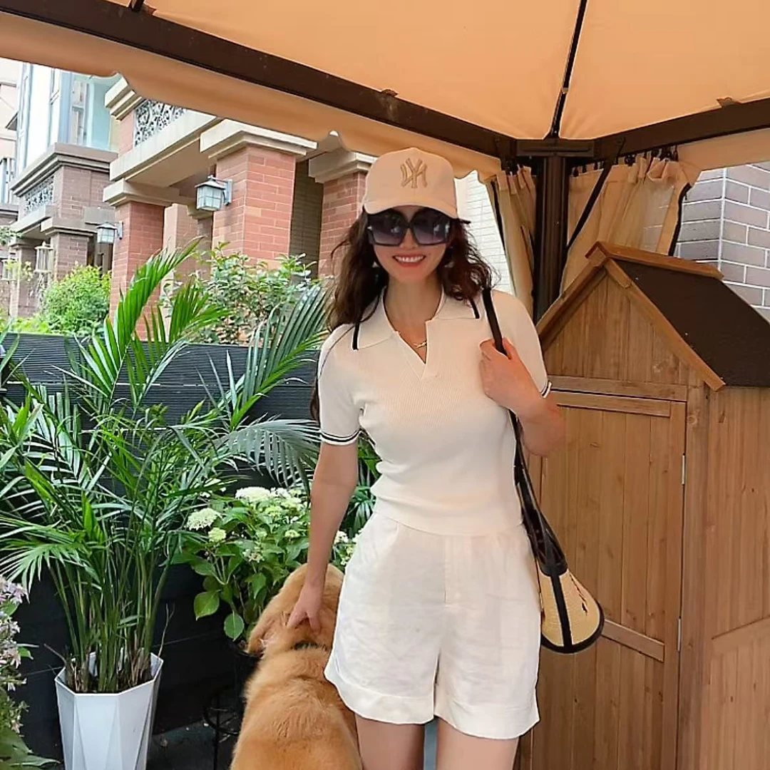 凉爽兰精天丝混纺翻领撞色针织衫