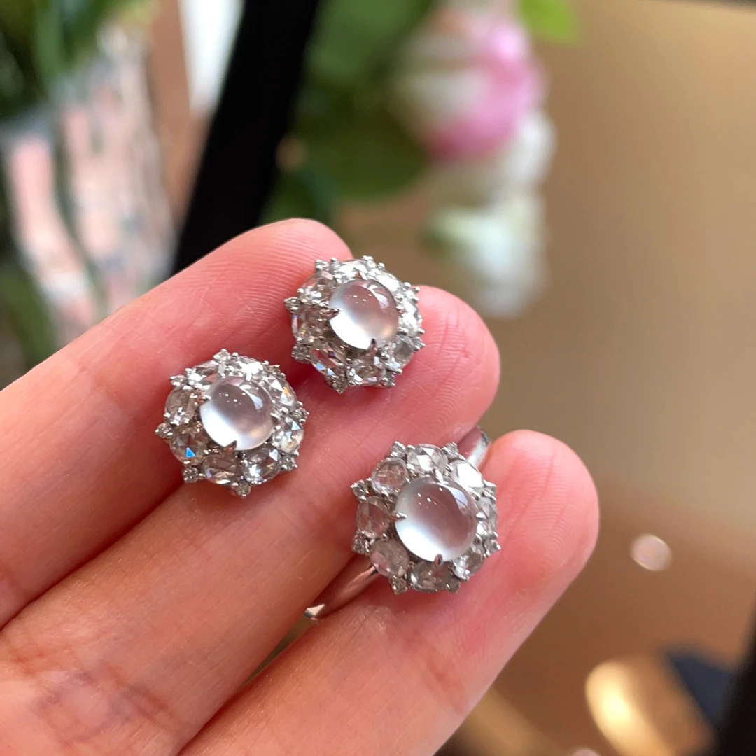 静玥翡 天然缅甸翡翠a货18K金钻镶蛋面套装4285104
