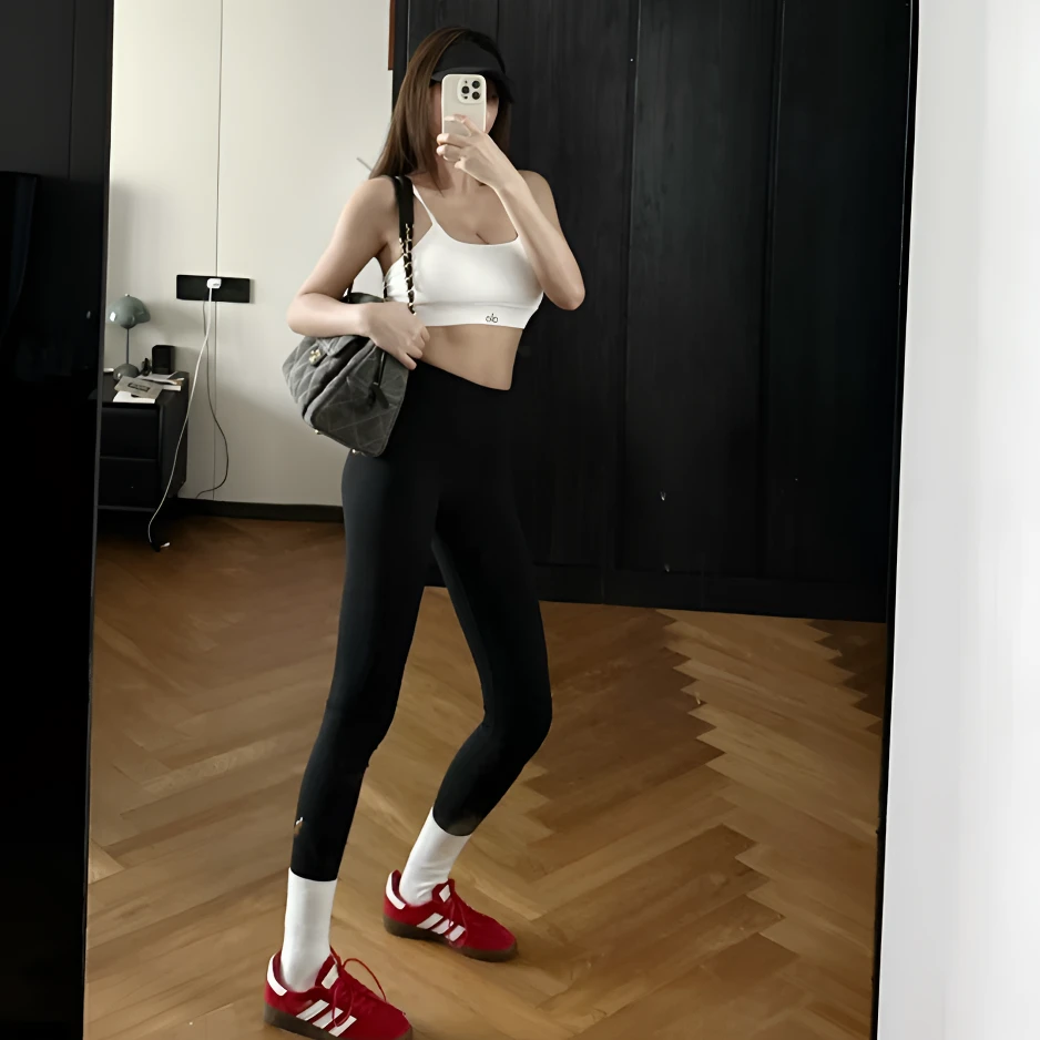 Al家蜜桃裤罗纹高腰瑜伽裤女塑形显瘦褶皱蜜桃臀运动健身九分裤女