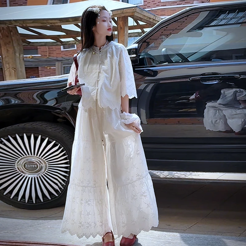 ☆甜蜜蜜☆女童2025夏季新款气质新中式中袖镂空白色蕾丝裙裤套装潮