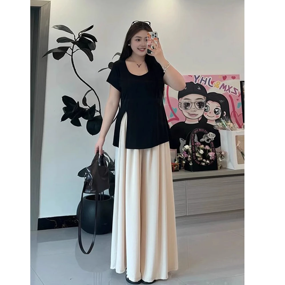 大码夏季修身显瘦开叉方领T恤女胖mm时尚洋气设计感黑色短袖上衣