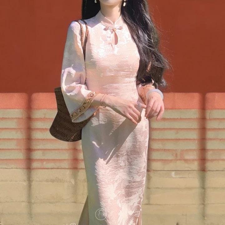 新中式女装国风气质高级感提花镂空旗袍领连衣裙复古改良旗袍裙