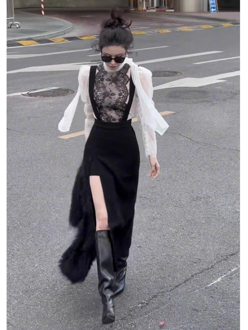 法式气质小香风蕾丝拼接绑带衬衫+开叉背带两件套女装