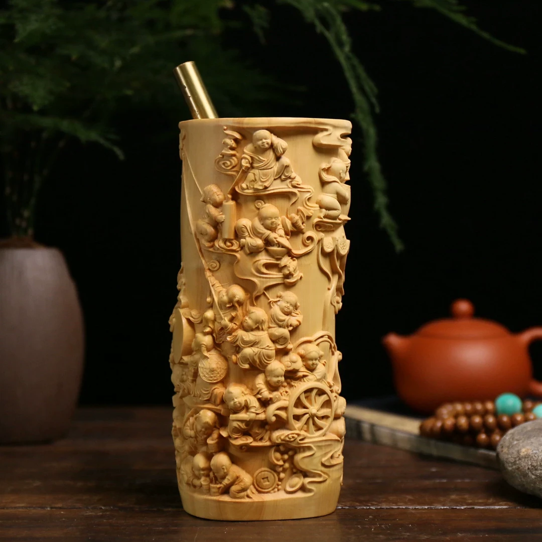 小叶黄杨木雕摆件百子笔筒