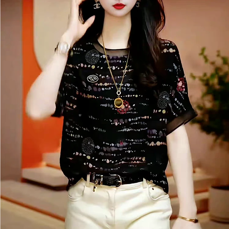 女士印花网纱短袖t恤2025夏季新款时尚宽松遮肚显瘦别致小衫上衣