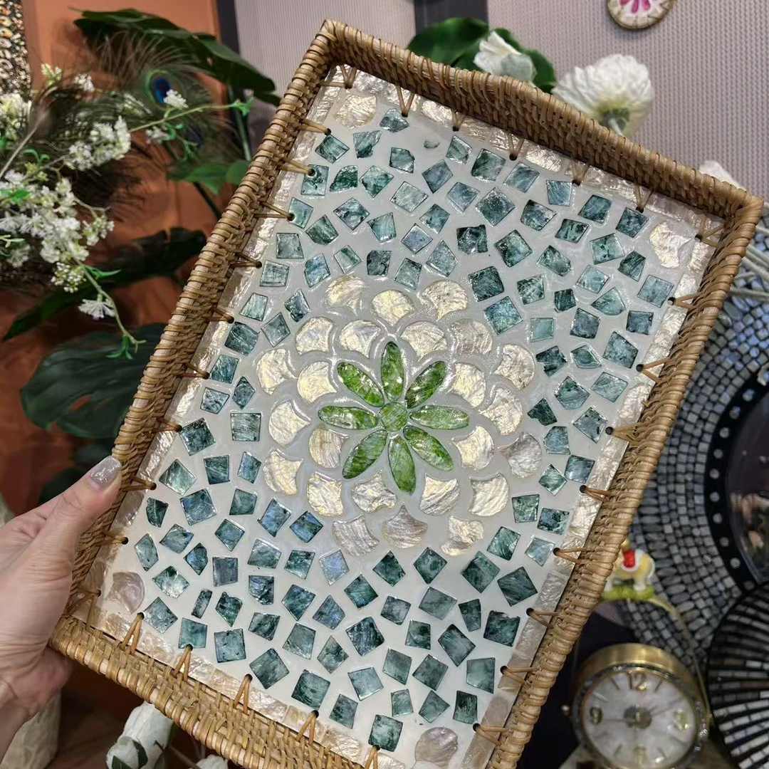 T买一送一海棠花藤编贝壳茶水收纳托盘