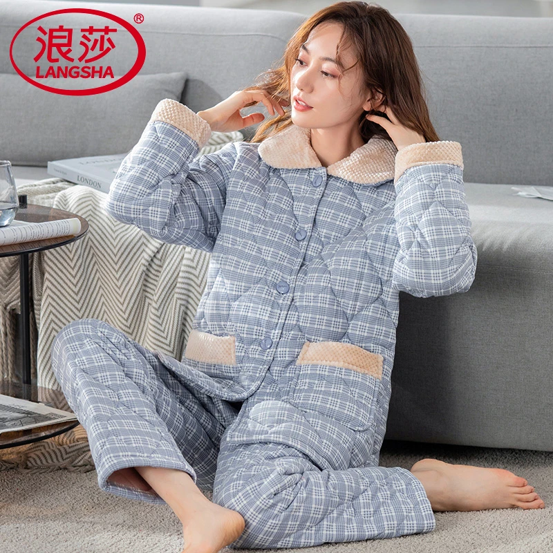 浪莎睡衣女款秋冬加厚三层夹棉中年妈妈款冬季宽松格子家居服套装