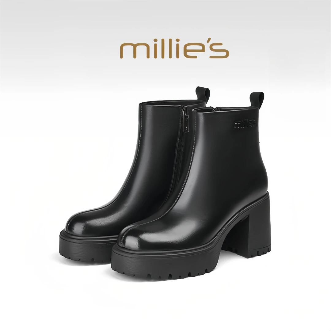 millies妙丽圆头粗跟学院风甜美配裙优雅时尚气质成熟时髦小短靴