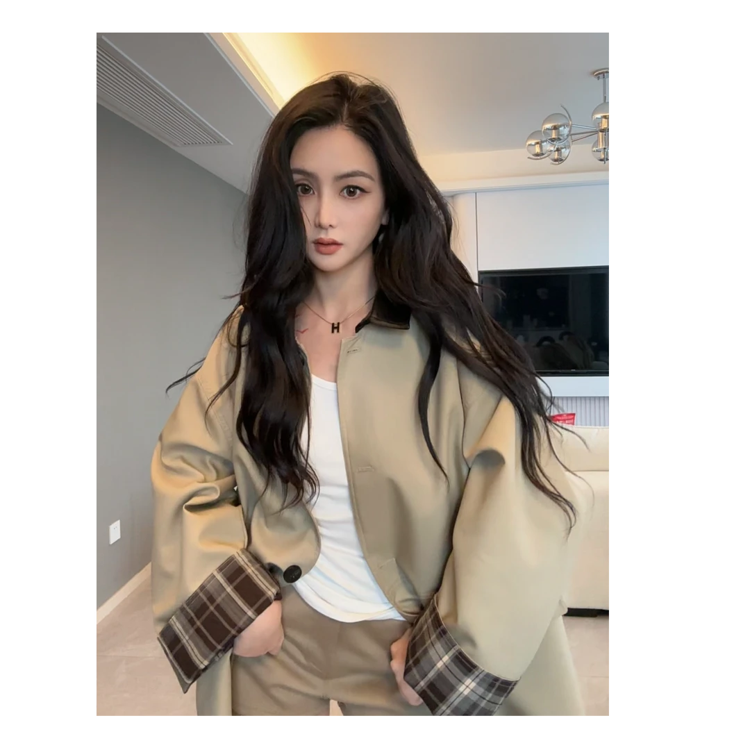 Benview【复古巴恩风】撞色风衣外套女春秋2025新款小个子高级感