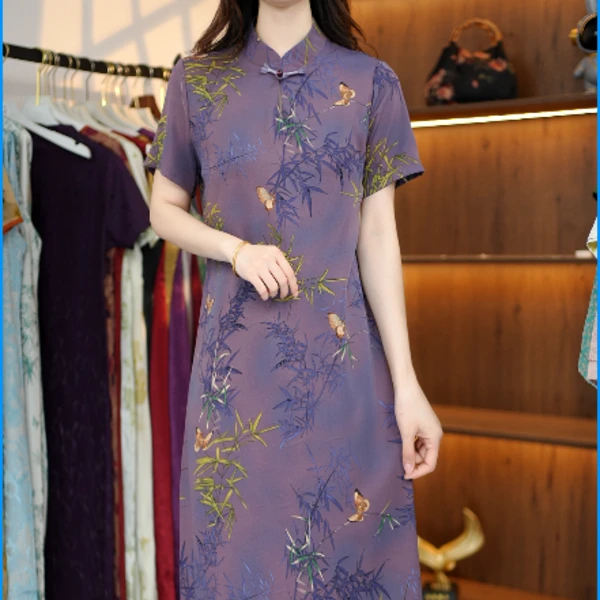 新款紫色竹蝶款立领短袖连衣裙3028