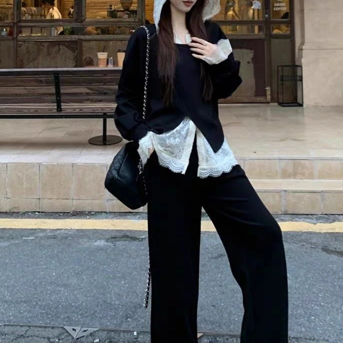 新款连帽蕾丝打底卫衣阔腿裤休闲套装 81079-8815