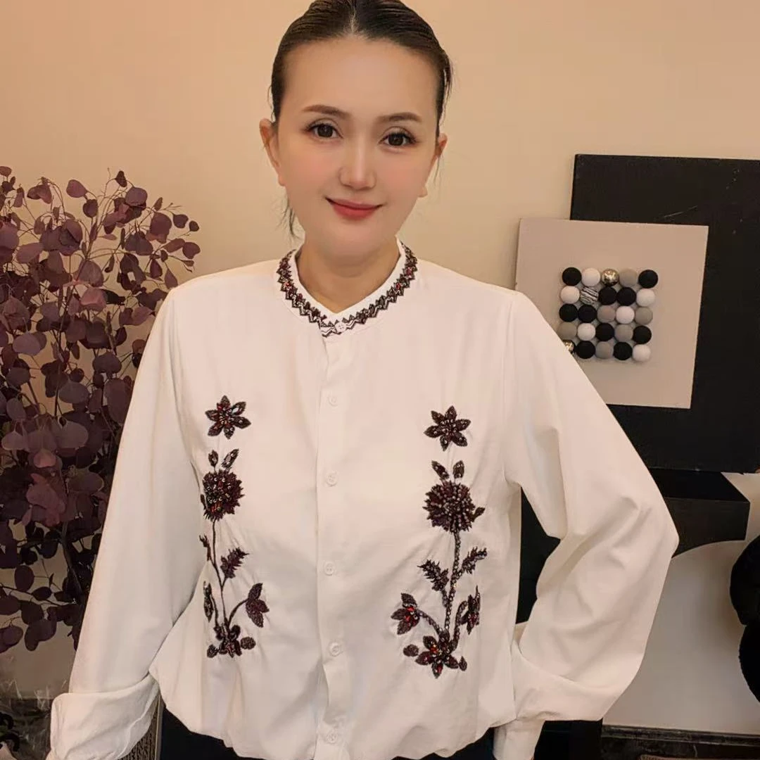 【新疆包邮】JY3-366冬季刺绣衬衫领慵懒袖女衬衫女装设计感长款