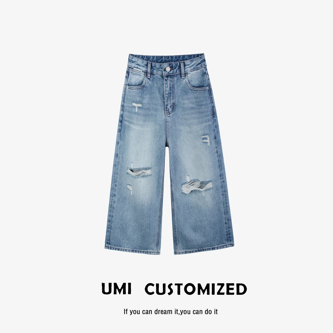 UMI "巴黎七分" 夏款无弹复古高街破洞七分直筒牛仔裤 COSTOMZED