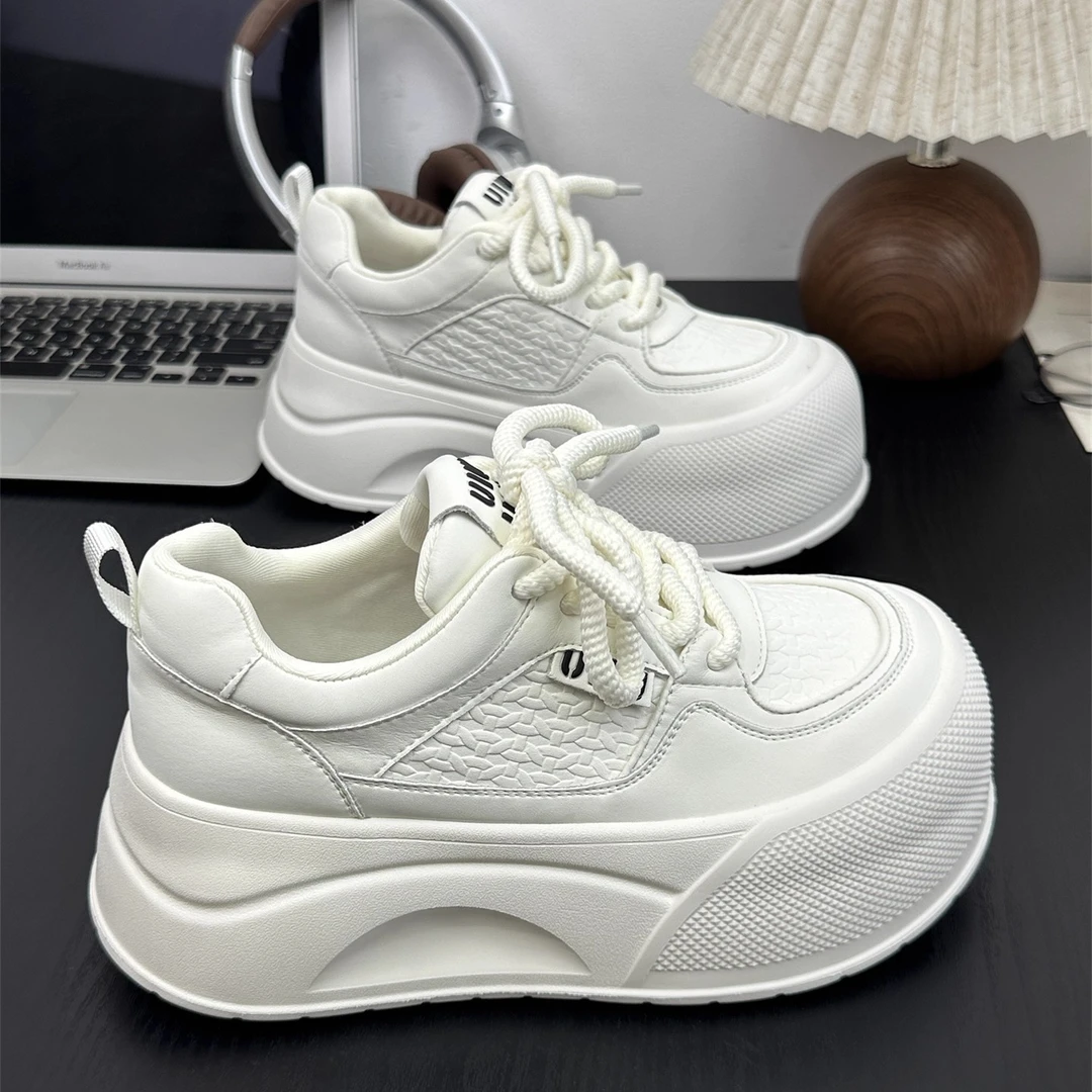 真皮小个子6cm厚底增高轻便小白鞋女2025秋新款系带百搭大头板鞋