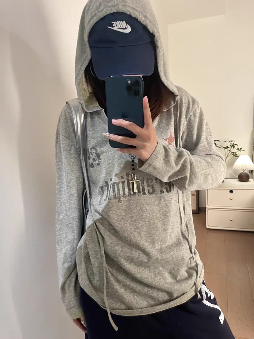 花生酱 美式做旧字母印花连帽防晒长袖T恤女户外休闲薄款V领上衣