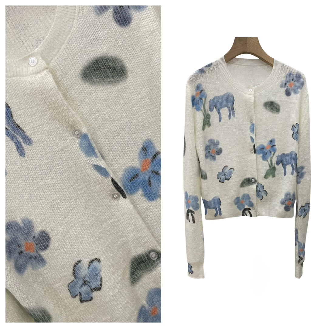 【AOB.RUI】 风植物卉开衫针织衫女2025春季毛衣气质长袖百搭印花