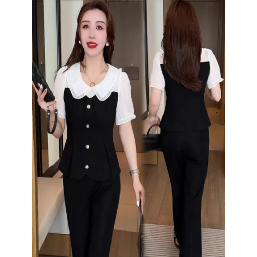 时尚洋气质小个子套装女夏季新款娃娃领短袖衬衫微喇裤显瘦两件套
