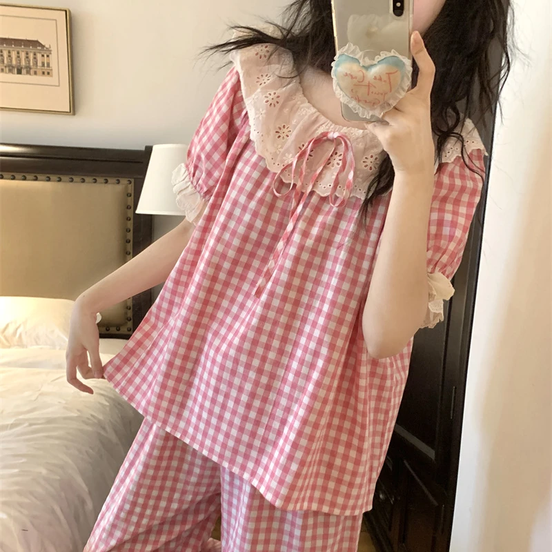 韩国ins甜美花边娃娃领纯棉睡衣女春夏季短袖长裤宽松格子家居服