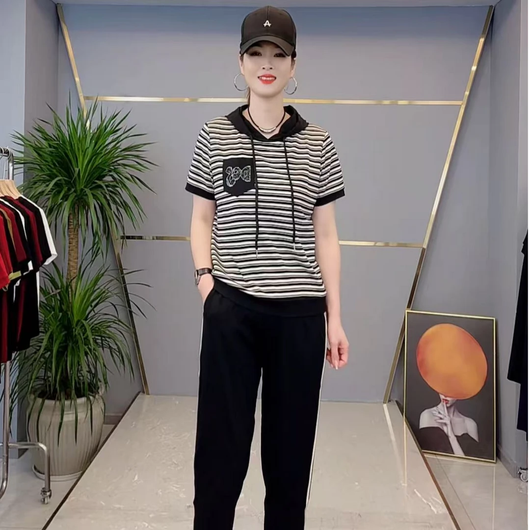 shishu/拾束2025年夏季新款时尚连帽条纹气质显瘦百搭套装ML82519