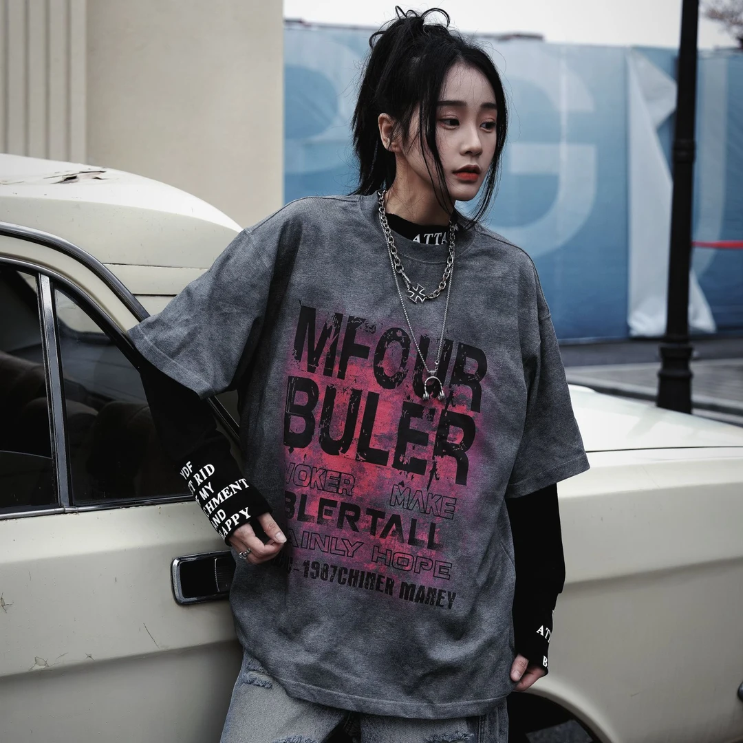 NY美式复古模糊字母做旧水洗短袖男女宽松休闲街头T恤潮